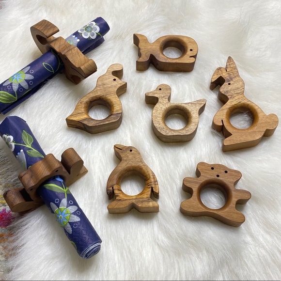 Wooden Animals Napkin Rings Handmade Farm House